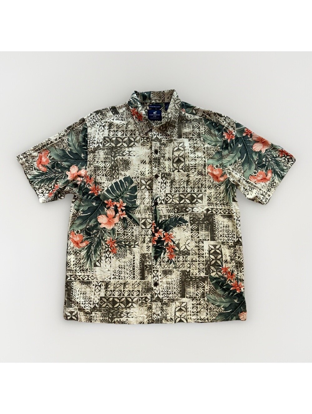 Caribbean Joe Washable Silk Shirt Mens X Large Brown Tan Hawaiian Tropical Boho